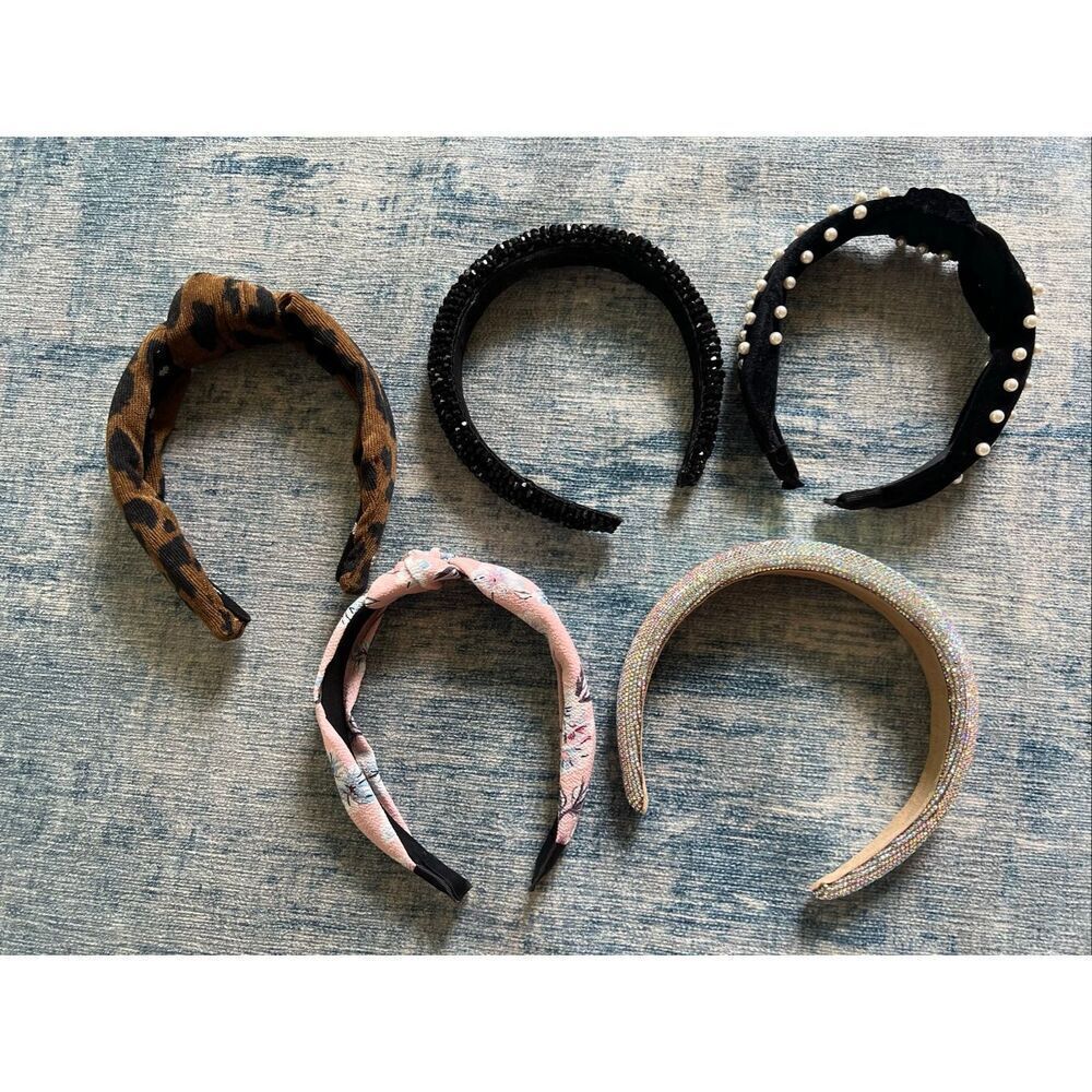 Chunky Headband Lot of 5 Leopard Rhinestone Faux Pearl Floral Beaded
